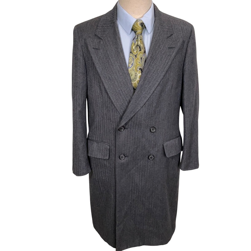 Cricketeer Overcoat‎ Mens 44 Gray Herringbone Double Breasted Overcoat Coat Wool